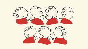 Black-line drawing of people in red shirts talking